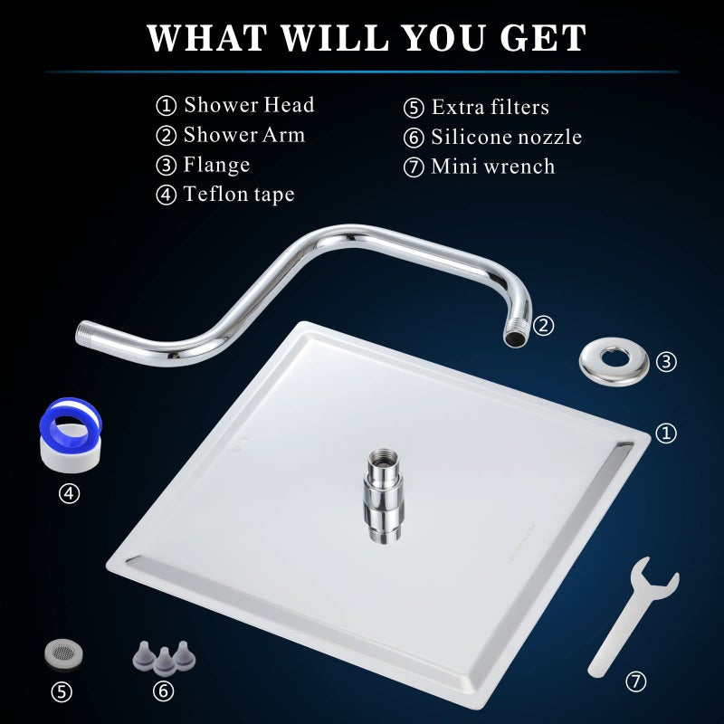 Voolan Rain Shower Head with Goose Neck Curve Arm, All Metal Waterfall Rainfall Showerhead, High Flow Bathroom Square Large Shower Head (12â€™â€™ Shower Head with 13â€™â€™ Shower Arm, Chrome) - Image 5